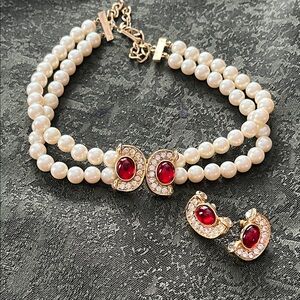 Vintage Richelieu Pearl Choker Necklace Red Cabochon Vamp Glam Old Hollywood